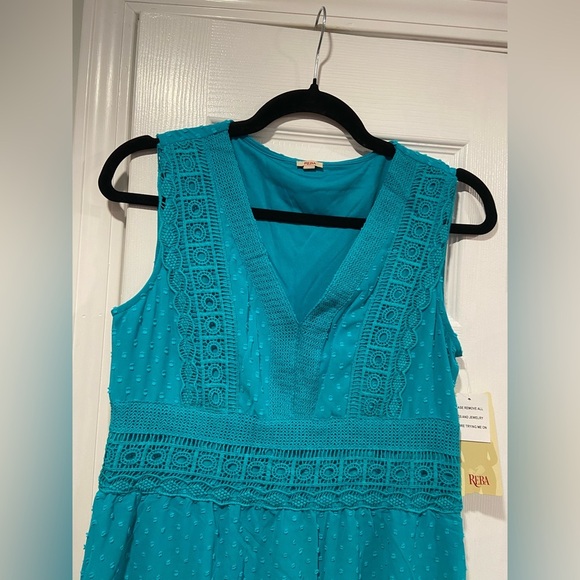 NWT Reba Size S Turquoise Swiss Dot Lace Sleeveless Midi Dress Asymmetrical Hem - Picture 2 of 14